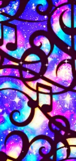 Vibrant galaxy wallpaper with musical notes and cosmic colors.