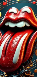 A vibrant, glossy red tongue and lips with musical notes.