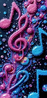 Colorful musical notes and gems on a dark background.