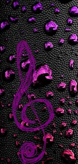 Purple musical note on a textured black background with vibrant droplets.