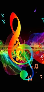 Colorful musical notes with abstract, vibrant lines on black background.