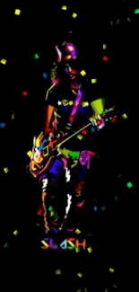 Vibrant musician art with colorful confetti on black background.