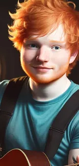 Portrait of a redhead musician holding a guitar with a vibrant background.