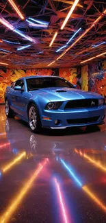 Blue Mustang car in neon-lit art room with vibrant colors.