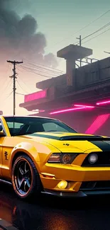 Yellow Mustang car on a rainy urban street with neon lights.