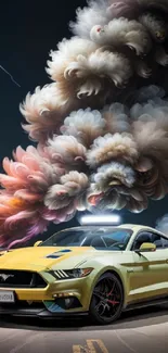 Vibrant yellow Mustang on night road with dramatic smoke clouds.