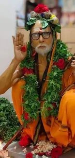 Elderly man in traditional attire with vibrant floral decorations.