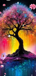 Colorful mystic tree with vibrant flowers.