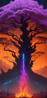 Vibrant purple tree against an orange sky with glowing roots.