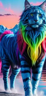 Rainbow-maned cat in a vibrant mountain scene with colorful sky and reflections.