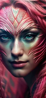 Vivid face art with mystical pink hues on a mobile wallpaper.