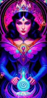 Vibrant mystical queen artwork in neon colors, perfect for a phone wallpaper.