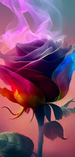 Vibrant mystical rose with colorful smoke swirling around petals.