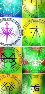 Mobile wallpaper with mystical symbols in nine vibrant designs.