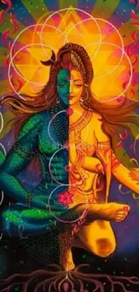 Vibrant mythical art wallpaper with divine figure and colorful design.