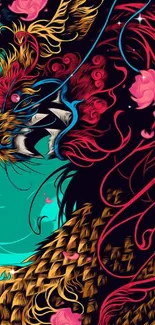 Vibrant mythical beast with teal background and pink flowers.