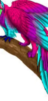 Fantasy bird with vibrant pink and blue hues on a branch.