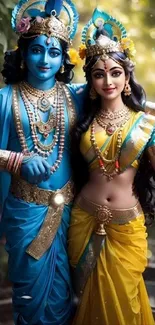 Mythical figures in traditional attire with blue and yellow colors.