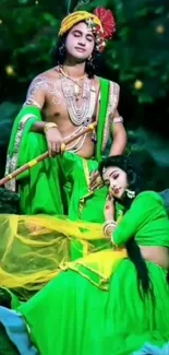 Mythical couple in vibrant green attire in serene backdrop.