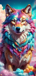 Vibrant mythical wolf with rainbow colors and clouds.