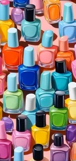 Colorful nail polish bottles in vibrant arrangement on coral background.