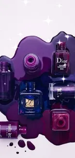 Spilled nail polish bottles in vibrant purple hues creating an artistic splash design.