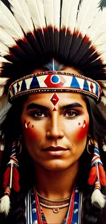 Native American with vibrant red and blue headdress in traditional attire.