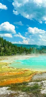 Vibrant natural spring with clear blue water and colorful surroundings.