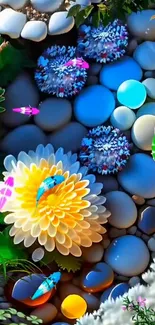 Colorful stone and flower artwork in vibrant nature theme.