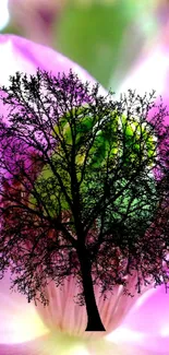 Colorful abstract wallpaper with tree silhouette and vibrant pink background.