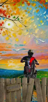 Colorful artistic wallpaper with a motorcyclist and vibrant nature scene.