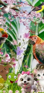 Vibrant nature wallpaper with animals and tropical birds.