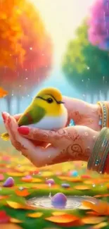 Colorful bird and trees in henna adorned hands.