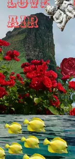 Wallpaper with roses, fish, and mountains.