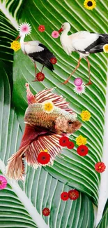 Colorful nature wallpaper with birds and fish on green leaves.