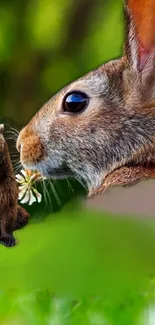 Rabbit and bear on a lush green background wallpaper.