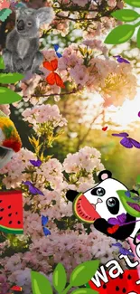 Decorative wallpaper with panda, parrot, and flowers in vibrant nature scene.