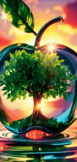 Vibrant glass apple with tree inside.