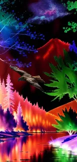 Vibrant and colorful nature art wallpaper with mountains, trees, and a bird.