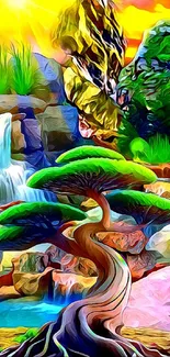 Artistic tree with waterfall in vibrant colors.