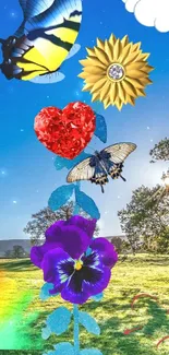 Colorful nature wallpaper with butterflies and flowers in a lush landscape.