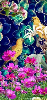 Vibrant wallpaper with birds and flowers.