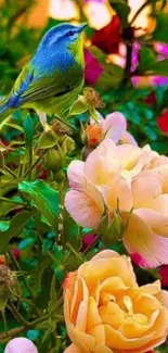 Blue bird perched among vibrant roses.