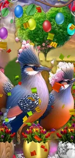 Vibrant birds with tulips and colorful elements in nature wallpaper.