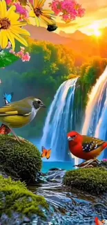 Vibrant nature wallpaper with birds and waterfall.