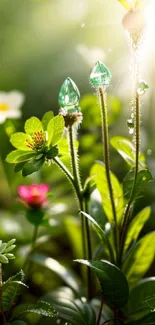 Vibrant nature wallpaper with green plants and crystals in sunlight.