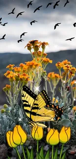 Yellow butterfly on vibrant flowers with birds in the sky.