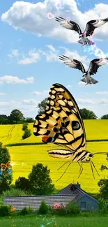 Majestic butterfly over yellow fields with birds in a clear blue sky.