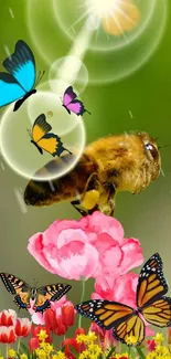 Colorful butterflies and bee on vibrant flowers wallpaper.