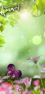 Butterfly and flowers on a vibrant green background with leaves.